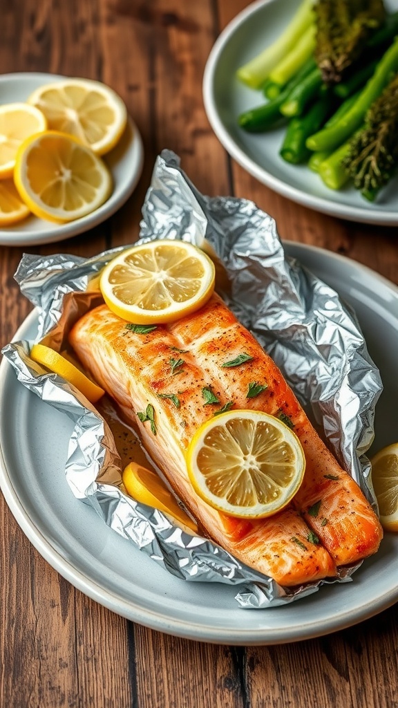 Air Fryer Salmon in Foil Recipe Air fryer salmon fillet in foil with lemon slices and herbs, served with vegetables on a rustic table.
